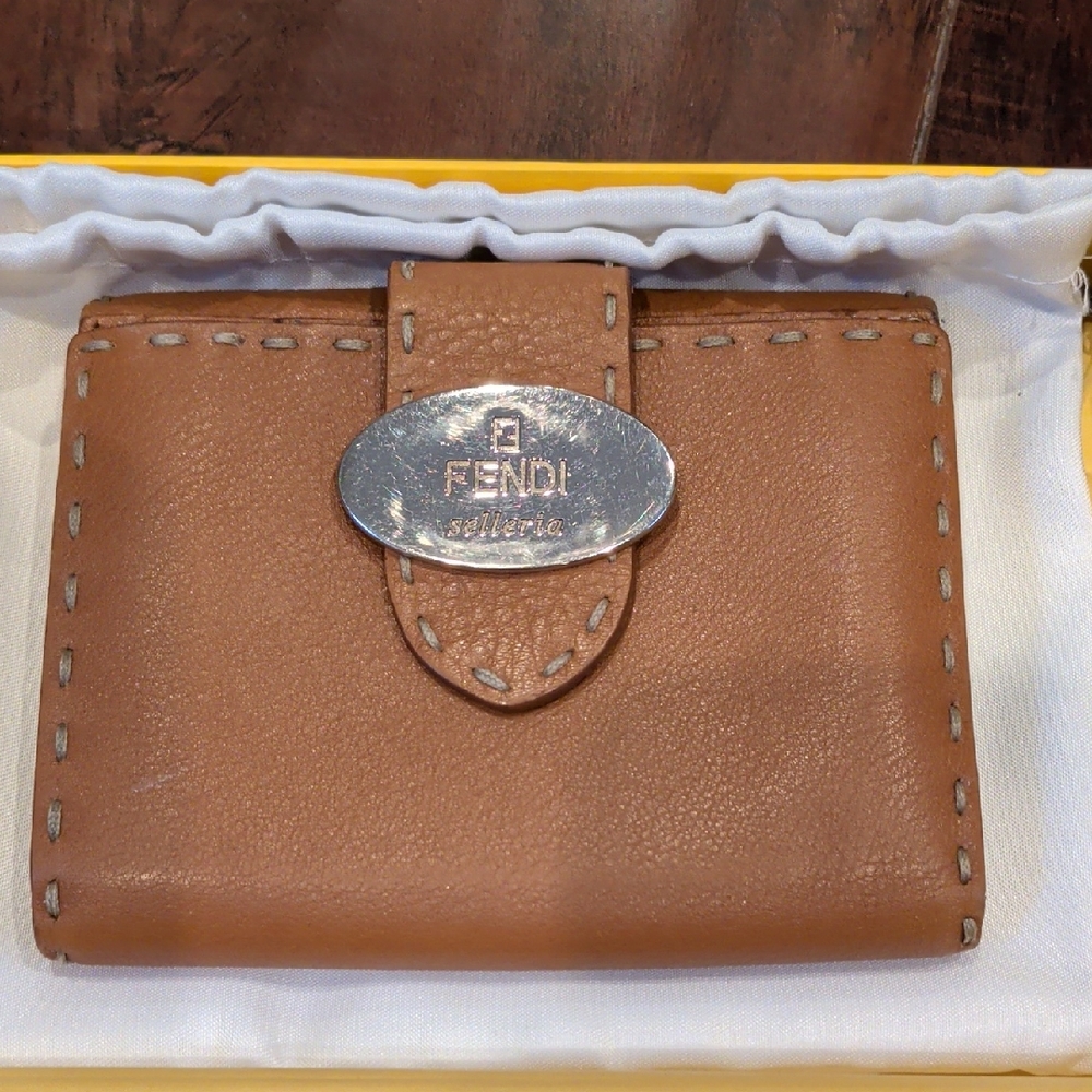 Fendi Brown Leather Card Holder with Silver Accent